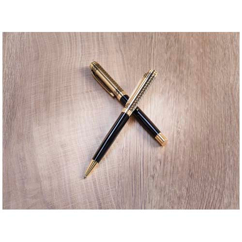 Legato Kugelschreiber und Tintenroller Set in Schwarz-Gold, recycelt, individuell bedruckbar bei Signalshop.de. Werbeartikel, Werbegeschenke, Werbemittel, Giveaway.