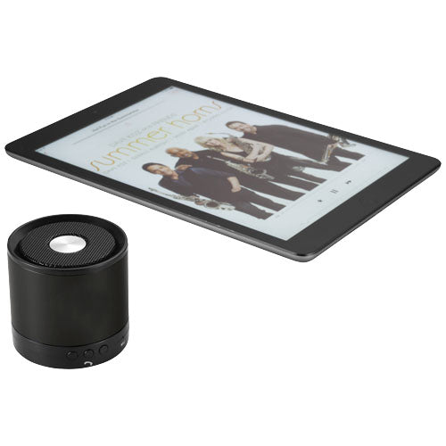 Schwarzer Greedo Bluetooth® Aluminium Lautsprecher, kabellos, individuell bedruckbar, Signalshop.de Werbeartikel.