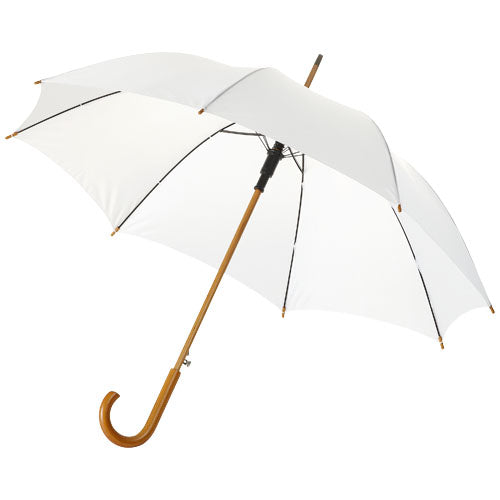 Weißer 23-Zoll-Regenschirm mit Holzgriff, individuell gestaltbar, von Signalshop.de, ideal als Werbeartikel.