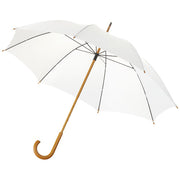 Weißer Jova 23-Zoll-Regenschirm mit Holzgriff, individuell bedruckbar, Signalshop.de Werbeartikel Giveaway.