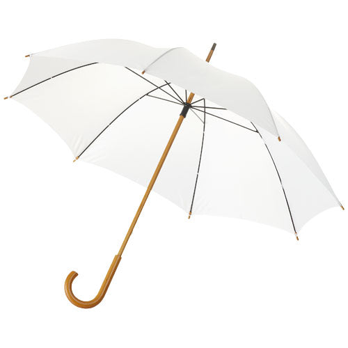 Weißer Jova 23-Zoll-Regenschirm mit Holzgriff, individuell bedruckbar, Signalshop.de Werbeartikel Giveaway.
