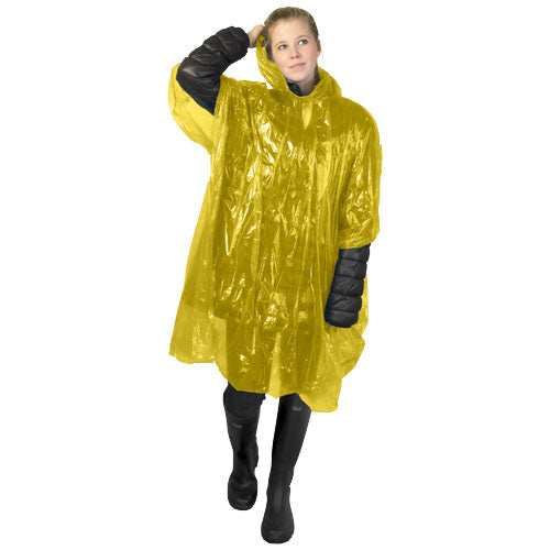 Gelber Mayan Regenponcho aus recyceltem Kunststoff, individuell bedruckbar, erhältlich bei Signalshop.de, Werbeartikel.