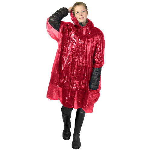 Roter Mayan Regenponcho aus recyceltem Kunststoff, individuell mit Logo bedruckbar, erhältlich bei Signalshop.de für Werbeartikel.