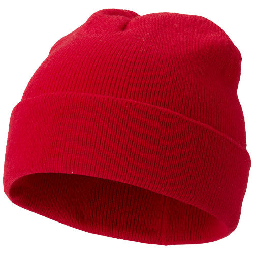 Rote Irwin Mütze aus Strick, individuell gestaltbar mit Logo, ideal als Werbeartikel von Signalshop.de.