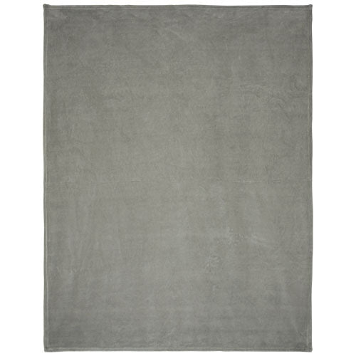 Graue Plaid-Decke aus Coral-Fleece, individuell bedruckbar, Werbeartikel von Signalshop.de, ideal als Giveaway.
