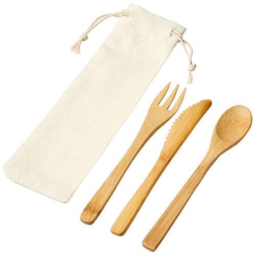 Celuk Bambus-Besteckset aus Bambusfaser mit Gabel, Messer, Löffel und Beutel, individuell gestaltbar, Signalshop.de Werbeartikel.