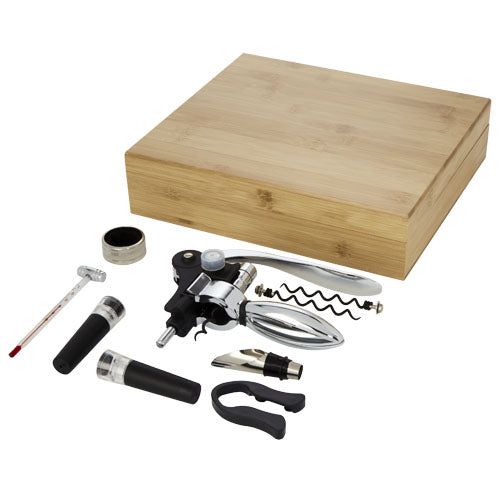 Malbick 9-teiliges Weinset in Holzbox, mit Logo von Signalshop.de bedruckt, ideal als Werbeartikel, Zubehör inkl. Korkenzieher.