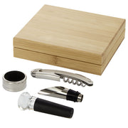 Syrat 4-teiliges Weinset aus Holz mit Korkenzieher, Ausgießer, Banderole, individuell mit Logo gestaltbar, Signalshop.de Werbemittel