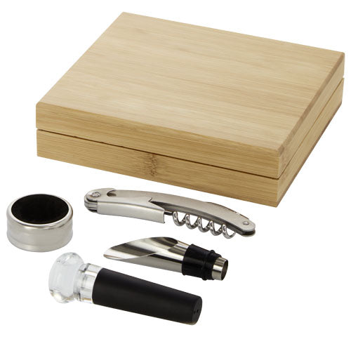 Syrat 4-teiliges Weinset aus Holz mit Korkenzieher, Ausgießer, Banderole, individuell mit Logo gestaltbar, Signalshop.de Werbemittel