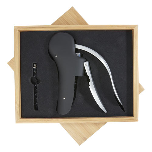 Nebby Korkenzieher aus Metall in Bambusbox, individuell gestaltbar, ideal als Werbeartikel bei Signalshop.de.