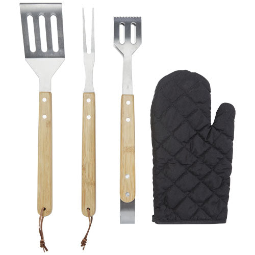 5-teiliges Grillset mit Bambusgriffen und schwarzem Handschuh von Signalshop.de, ideal als Werbeartikel.