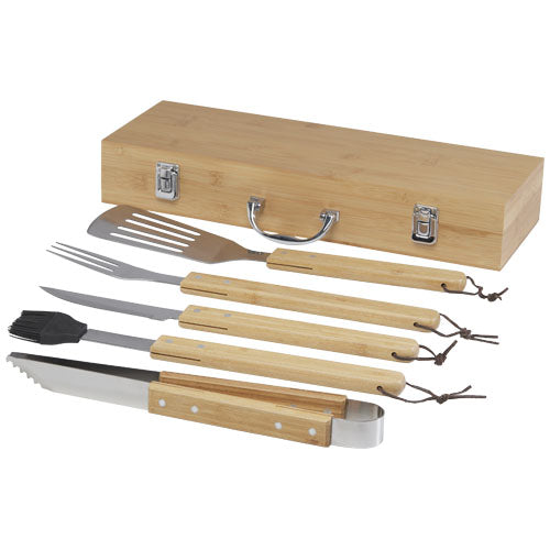 Churras 5-teiliges Grillset aus Bambus, bestehend aus Wender, Zange, Gabel, individuell bedruckbar.