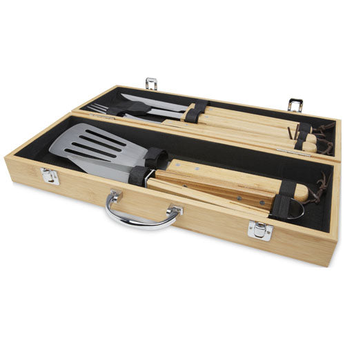 5-teiliges Churras Grillset aus Bambus in Box, individuell gestaltbar, enthält Wender, Zange, Gabel.