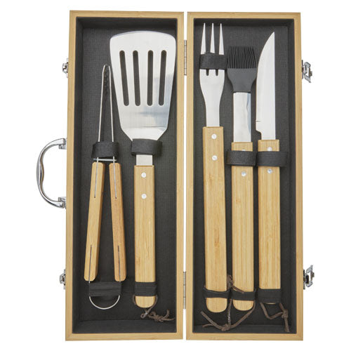 Churras 5-teiliges Grillset aus Bambus in Box, inklusive Wender, Zange, Gabel, individuell gestaltbar.