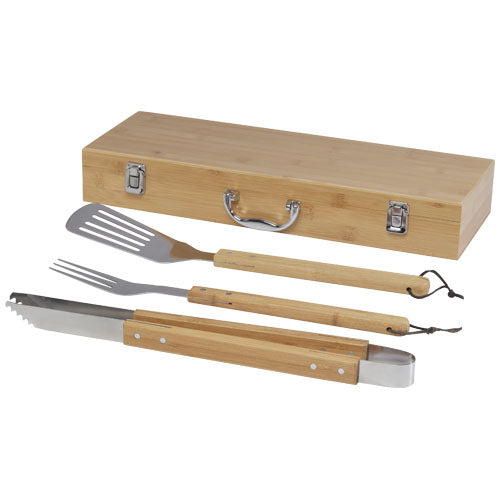 Assadus 3-teiliges Grillset aus Bambus mit Zange, Wender, Gabel in Box, individuell gestaltbar. Signalshop.de Werbeartikel.