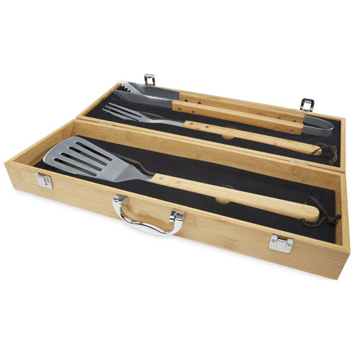 Assadus 3-teiliges Grillset aus Bambus in Holzkiste, individuell gestaltbar mit Logo von Signalshop.de. Werbeartikel.