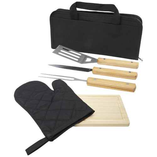 Gratar 5-teiliges Grillset mit Zange, Wender, Gabel, Messer und Brett, individuell gestaltbar, Signalshop.de Werbeartikel.