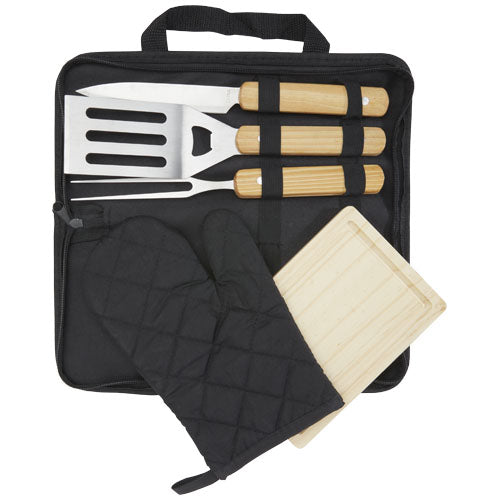 Gratar 5-teiliges Grillset mit Wender, Zange, Gabel, Messer und Brett, individuell bedruckbar, Signalshop.de Werbeartikel.