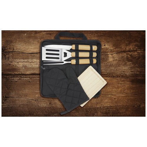 Gratar 5-teiliges Grillset mit Holzgriffen, individuell bedruckbar, von Signalshop.de, ideal als Werbeartikel.