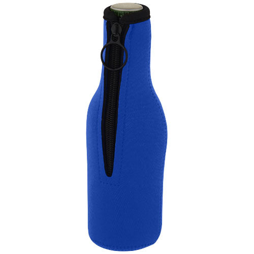 Blaue Fris Flaschenmanschette aus recyceltem Neopren mit Reißverschluss, individuell bedruckbar, Signalshop.de Werbeartikel