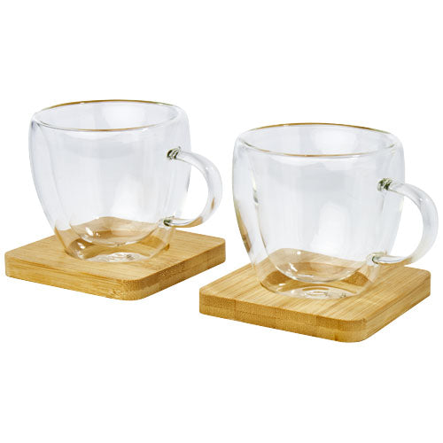 2-teiliger Glasbecher-Set mit Bambusuntersetzer, individuell gestaltbar, Signalshop.de Werbeartikel.