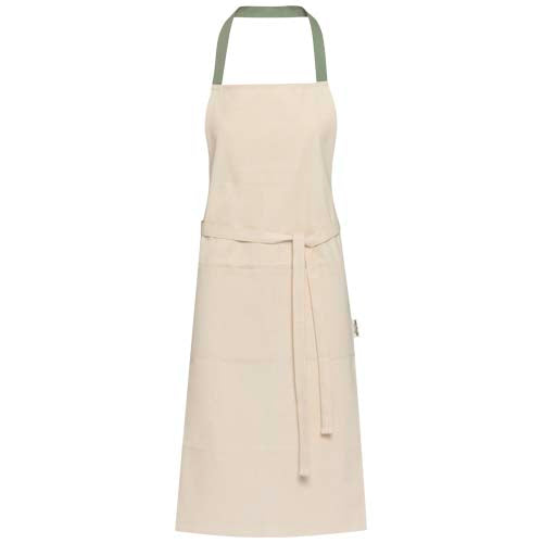 Nia 200 g/m² Küchenschürze aus recycelter Baumwolle, beige mit grünen Trägern, individuell bedruckbar. Signalshop.de Werbeartikel Giveaway.