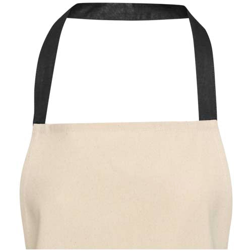 Nia 200 g/m² Küchenschürze aus recycelter Baumwolle, beige mit schwarzem Band, individuell bedruckbar, Signalshop.de Werbeartikel.