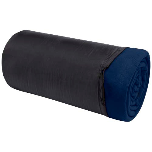 Blaue Huggy Fleecedecke mit schwarzer Hülle, 220 × 250 cm, individuell gestaltbar, Signalshop.de Werbeartikel.