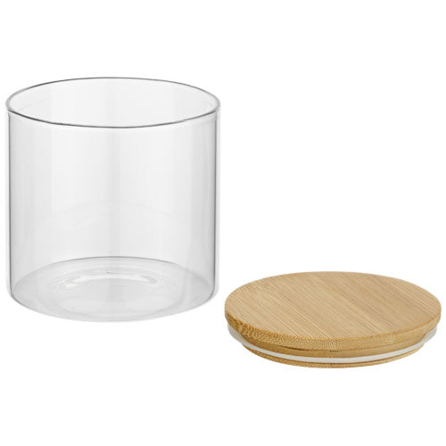 Boley 320 ml Glasbehälter mit Bambusdeckel, individuell mit Logo bedruckbar, ideal für Signalshop.de Werbeartikel.