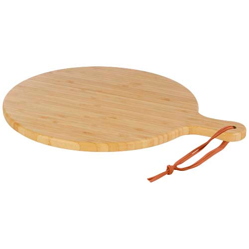 Rundes Bambus-Schneidebrett von Delys mit Griff, individuell gestaltbar, Signalshop.de Werbeartikel.