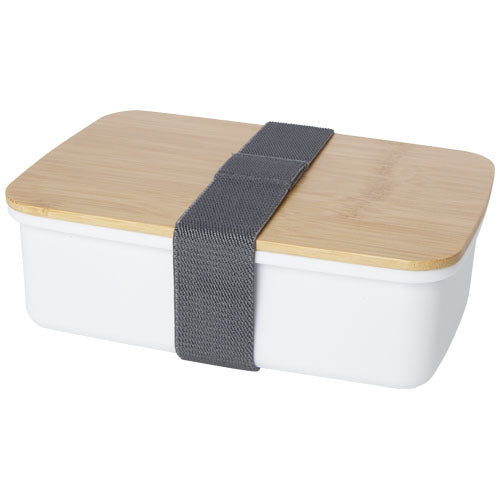Weiße Mangi 750 ml Lunchbox mit Bambusdeckel und Gummiband, individuell gestaltbar, Signalshop.de Werbeartikel.