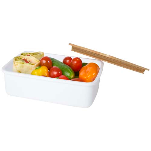Weiße Mangi 750 ml Lunchbox aus recyceltem Material mit abnehmbarem Deckel, individuell bedruckbar bei Signalshop.de, geeignet als nachhaltiger Werbeartikel und Werbemittel.