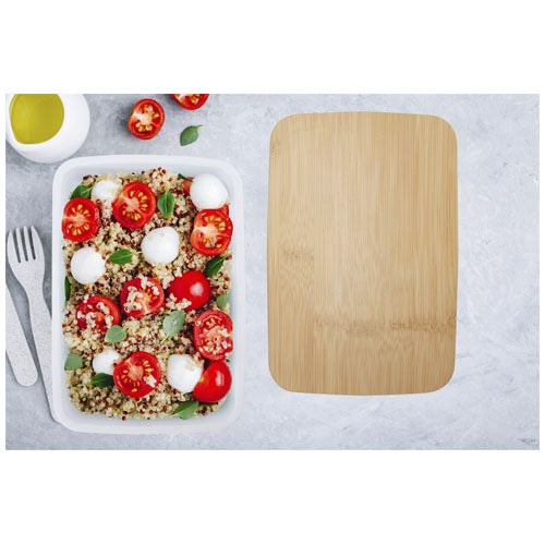 Mangi 750 ml Lunchbox aus recyceltem Material mit Holzoptik-Deckel, individuell bedruckbar bei Signalshop.de, ideal als Werbegeschenk.
