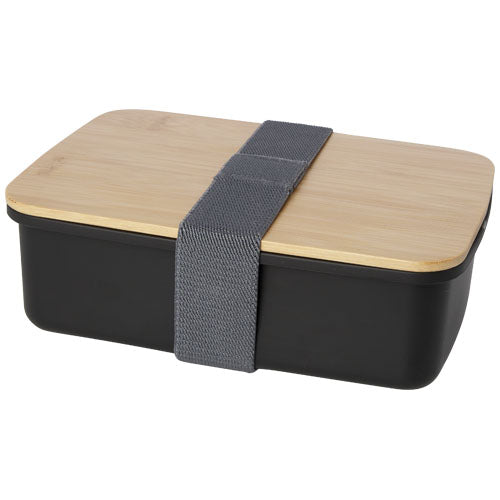Mangi 750 ml Lunchbox aus recyceltem Material in Schwarz mit Bambusdeckel, individuell bedruckbar auf Signalshop.de, ideale Werbeartikel.