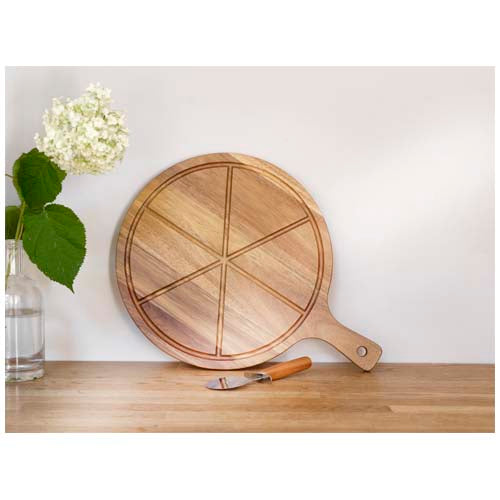 Timberito Pizza Set aus Holz mit Schneidebrett und Schneider, individuell gestaltbar, Signalshop.de Werbeartikel.