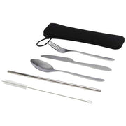 Sheen 5-teiliges Edelstahl-Besteckset mit Gabel, Messer, Löffel, Trinkhalm, Reinigungsbürste, Signalshop.de Werbeartikel.