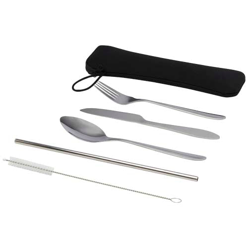 Sheen 5-teiliges Edelstahl-Besteckset mit Gabel, Messer, Löffel, Trinkhalm, Reinigungsbürste, Signalshop.de Werbeartikel.
