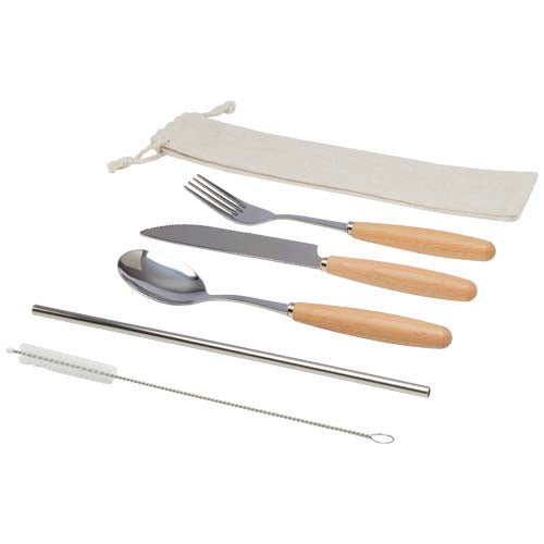 Root 5-teiliges Besteckset aus Edelstahl und Buchenholz, individuell gestaltbar, bei Signalshop.de, ideal als Werbeartikel, Werbegeschenk, Werbemittel, Giveaway.