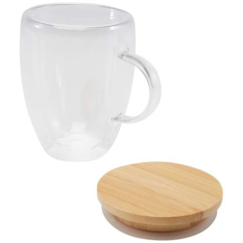 Leona Glasbecher 350 ml mit Bambusdeckel von Signalshop.de, individuell bedruckbar, ideal als Werbeartikel, Werbegeschenk.