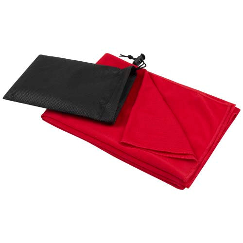 Rotes Lucas RPET Sporthandtuch 50×100 cm mit schwarzem Beutel, individuell bedruckbar, Signalshop.de Werbeartikel.