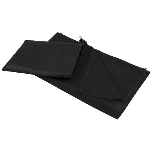 Schwarzes Lucas RPET Sporthandtuch 70 × 140 cm, individuell bedruckbar, ideal als Werbeartikel von Signalshop.de.