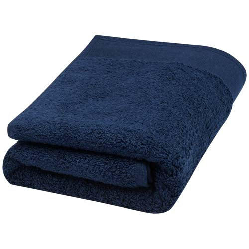 Nora 550 g/m² Baumwollhandtuch in Blau, 50x100 cm, nachhaltig, individuell mit Logo bei Signalshop.de bedruckbar, Werbeartikel.