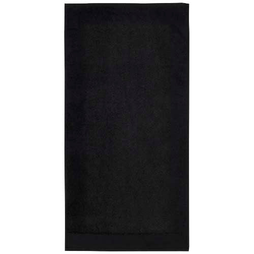 Schwarzes Nora Baumwollhandtuch 50x100 cm, individuell bedruckbar, nachhaltig, bei Signalshop.de. Werbeartikel, Werbegeschenke.