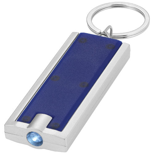 Blaues Castor LED-Schlüssellicht mit silbernem Rand, individuell bedruckbar, erhältlich bei Signalshop.de.