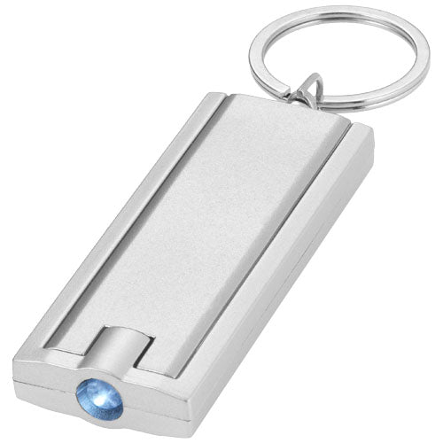 Silbernes Castor LED-Schlüssellicht mit blauem Licht, individuell gestaltbar bei Signalshop.de, ideal als Werbeartikel.
