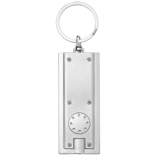 Silbernes Castor LED-Schlüssellicht aus Metall, individuell mit Logo gestaltbar, erhältlich bei Signalshop.de als Werbeartikel, Werbemittel, Werbegeschenk, Giveaway.