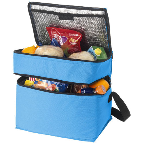 Blaue Oslo Kühltasche 13L mit Lebensmitteln, individuell bedruckbar, Signalshop.de Werbeartikel.