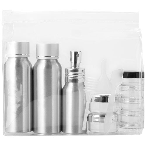 Frankfurt Reiseflaschenset in transparenter Tasche, silberne Flaschen, individuell bedruckbar, Signalshop.de Werbegeschenke.