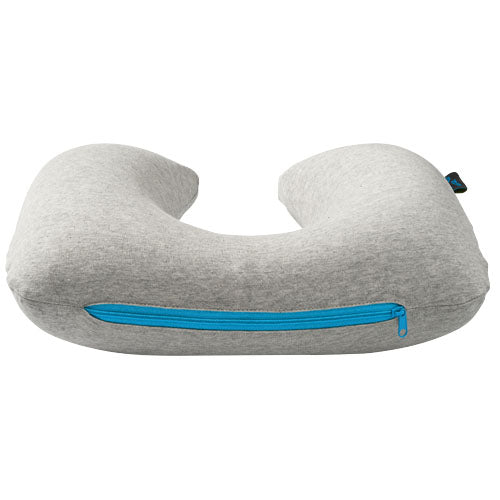 Graues aufblasbares Nackenkissen mit blauer Reißverschlusstasche, individuell gestaltbar, Signalshop.de Werbeartikel.