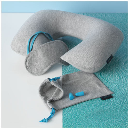Miami Reiseset mit grauem aufblasbarem Nackenkissen, Schlafmaske, Ohrstöpseln, individuell mit Logo von Signalshop.de bedruckbar. Werbeartikel, Werbegeschenke, Werbemittel, Giveaway.